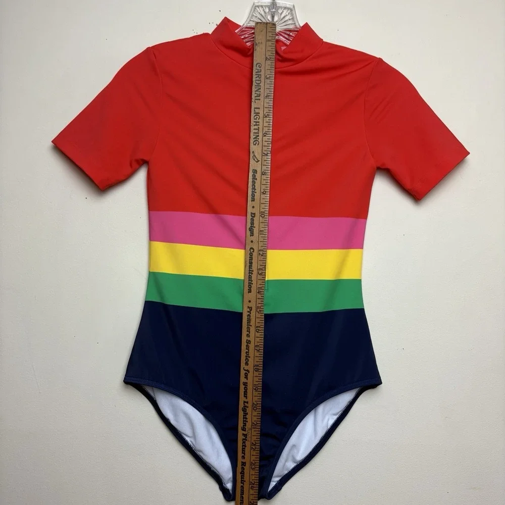 Mini Boden Stripes Colorblock Short Sleeve Swimsuit Bathing Suit Sz 11-12